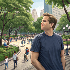 Michael Weatherly, wearing a casual navy blue t-shirt, outdoors at a bustling city park.