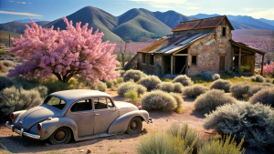 old abandoned rancho, fallout, route 66, old broken cars, , bloom, kodachrome colors, sharp focus,