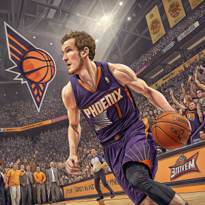 Goran Dragic, in his Phoenix Suns jersey, during a thrilling NBA game. The arena is packed with a diverse crowd cheering him on.