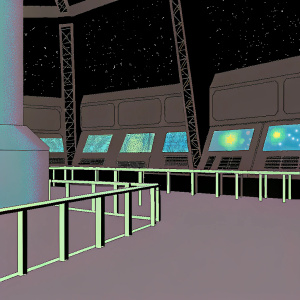 A 3D render of a futuristic space station from Infinite Galaxy video game. The interior is vast and sleek, blending industrial design with high-tech aesthetics. The color palette ranges from vibrant neon hues to deep shadows. Key features include sleek tables, metallic railings, and holographic screens displaying game imagery.