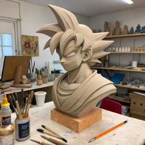 A detailed sculpture of Goku from Dragon Ball Z. Workshop environment, surrounded by various art tools and materials.