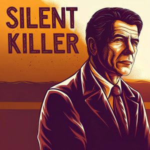 A vintage poster highlighting the 1980s HIV/AIDS crisis. Ronald Reagan stands solemnly. Caption reads 'Silent Killer'