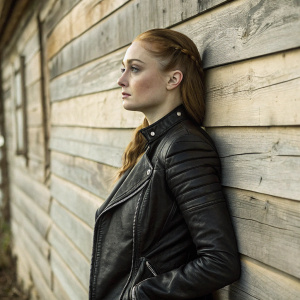 Sophie Turner, actress who played Sansa Stark, in a black leather jacket, standing against a rustic wooden wall backdrop. She has a serious expression.