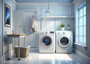 white aesthetic laundry room, front view, reaistic photo, real photo, very white picture, washing mascine front view