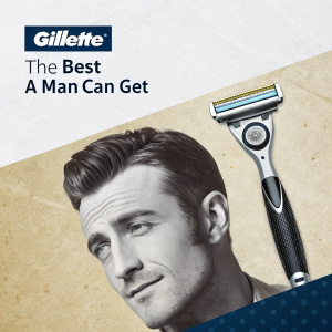 Advert for Gillette, slogan 'THE BEST A MAN CAN GET'. Vintage textured background. Modern, bold font for Gillette logo, centered.