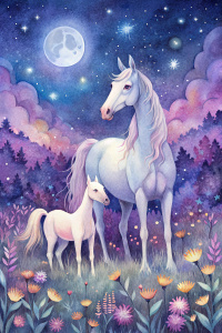 An illustration for a children's book made with pastel soft colors must be in watercolor style of a mama white horse and baby white horse with night time with moon and stars scenery and a field filled with wildflowers dark purple hues fireflies lighting up the sky 