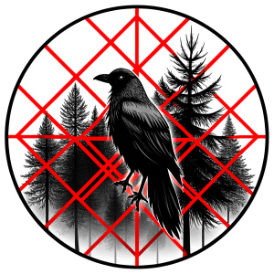 vegvisir runes geometric symbol - raven and trees - tattoo design - perfect realistic art - high-definition - grey and black - white background 