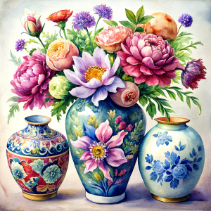 a WATERCOLOR IMAGE, Antique Ceramic Antique Vase Chinese Dragon Pattern Porcelain.THERE ARE IN THE VASE : amaranth peonies , green WEEDS ,burgundy PEONIES, orange Bougainvillea, purple dandelions ,plum geranium, Narcissus,yellow  crocusES ,mauve daffodil ,mustard roses ,amaranth Damarion s, pink tulips , pink freesia , lavender Common Crape Myrtle ,red Watsonia ,tritoma.carmine Chandramallika, burgundy VIOLETS ,SEPHIA SISYMBRIUM,CREAM CHAMOMILE , teracotta bluebell 