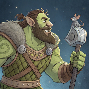 Digital illustration of Grohk, a Half-Orc Paladin, muscular build, greenish complexion, bushy beard, holding a tiny mouse. Dynamic pose, mix of natural materials and armor-like elements, dark bluish background, whimsical and cartoonish style.
