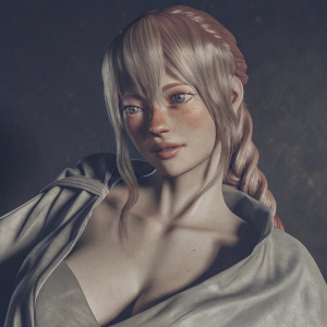3D render of an anime-style female character. Realistic rendering. She has elongated, wavy, vibrant red hair in side parting. Sharp, expressive face with a focused expression. Soft, matte brown skin. Dark garment with subtle detailing. Solid black background.