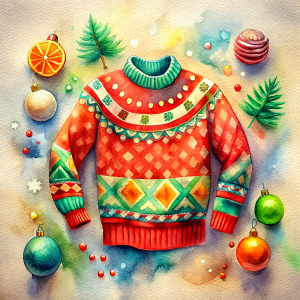 christmas jumper, red orange green   patterned sweater, vintage illustration, watercolour, snowflakes ,christmas tree,garland.mistletoe , candy.santa 