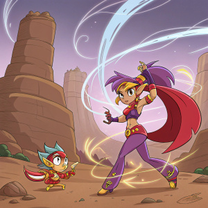 Illustration of Shantae from Risky's Revenge. Desert setting with rock formations. Female elf-like character in vibrant outfit and dynamic pose. Alien-like creature with fiery accessory. Background filled with energy lines.