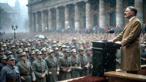 Photorealistic cinematic image of Adolf speaking from a podium and a German crowd gathered in the rain, listening to one capturing his growing influence, 1930.