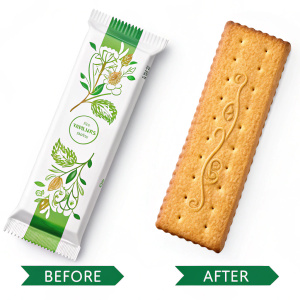 Before and after redesign of Grissani biscuit packaging. Old design with green accents. New design modern, minimalist with white wrapping. Close-up shot of long, thin golden-brown biscuits.