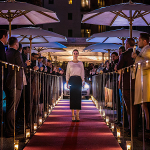 Rumer Willis at the luxury car launch. Wearing a chic white blouse and black pencil skirt. Formal event with champagne glasses and marquees in the background.