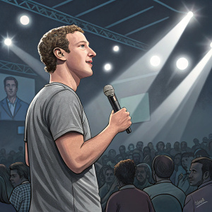Mark Zuckerberg, wearing a casual gray t-shirt, speaking at a tech conference. Bright stage lights and a crowd of attendees in the background.