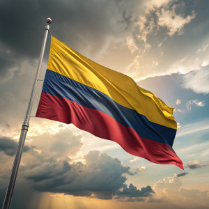 A dynamic 3D animation of the Colombian flag. The flag is flapping gracefully in the breeze, showcasing its rich yellow, bold red, and deep blue hues.