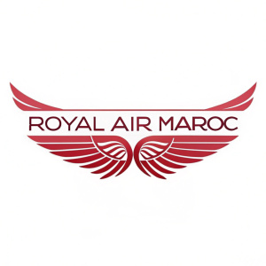 Royal Air Maroc's logo, a sleek design with vibrant red hues, modern font, and stylized wings, set against a plain white background.