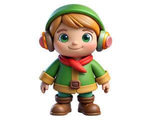 Cute elf kid in boots, jacket, headphones