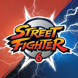 Street Fighter 6 promotional graphic. Central logo in bold, chaotic font. Bright colors contrast with black and white elements, creating a dynamic and visually striking design.