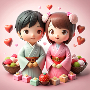 valentine,pink,,white background,couple kids,kimono,chockolate