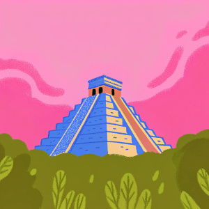 The iconic El Castillo pyramid, an ancient Maya structure located in Chichen Itza, Yucatan, Mexico. It is built with intricate stone masonry, featuring a distinctive stepped pattern and a small temple at its apex.