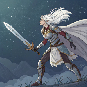 Digital illustration of Cora, a female warrior from Holy Alliance. She stands with a fierce expression, wielding a majestic sword. Her white hair flows in an imaginary wind. The background is a dark, starry night sky.