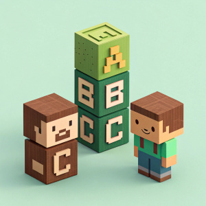 Blocky characters in a simple, flat design. Alphabet blocks in Minecraft style, using brown and green colors.