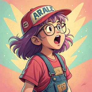 Digital illustration of Arale from Dr. Slump. Brightly colored background, youthful appearance, punk style, wearing a red t-shirt and denim-like bag, surprised expression with mouth wide open, Arale cap on head