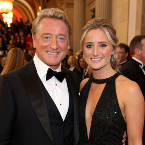 Michael Flatley and Niamh O'Brien at the gala. They are both dressed in black tie. Smiling widely. Crowd visible in background.