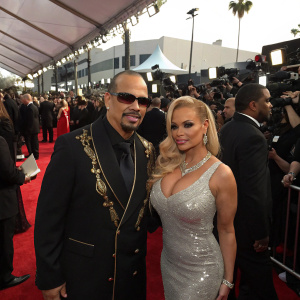 Ice T and Coco Austin at the Grammy Awards. Ice T in a black suit with gold detailing, Coco Austin in a silver sequined dress. Crowded red carpet scene with flashing cameras.