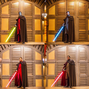 Digital art of Count Dooku from Star Wars. Multiple poses - dynamic, full body, and close-ups. His beard, cape, and lightsaber prominently displayed. Palette of crimson, ebony, and ash against a clean white backdrop.