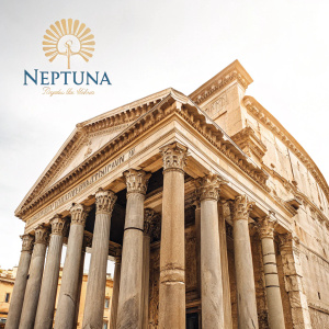 Neptuna brand logo design. Influenced by ancient roman architecture. Grand columns, ornate details.