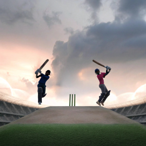 High-energy promotional poster for Kolkata Knight Riders. Athletes in dynamic action pose. Vibrant, dramatic backdrop with intense shadows and highlights.