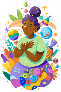 Mujer morena, estilo caricaturizado abstracto, ambiente onírico y maduro. Se abraza a sí misma o realiza un gesto de autoaprecio, rodeada de pequeños objetos o símbolos que representan sus logros y esfuerzos diarios. La escena transmite gratitud y amor propio, con colores vibrantes y elementos decorativos latinos.