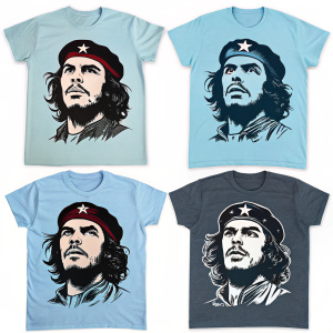A collage of t-shirts featuring a stylized version of Che Guevara's face. Each shirt has a different design, but all maintain a stark contrast between the dark tones of the graphic and the light blue of the t-shirts. The style is reminiscent of vintage graphic t-shirt designs.
