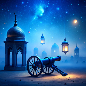 ramadan blue arabic nights with lantern without moon and cannon