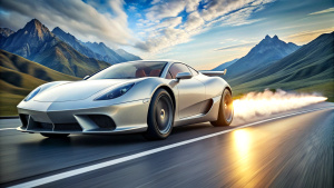 a sport car with rocket engine is going very fast on the road