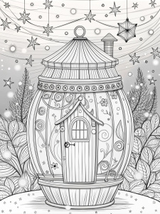 coloring page for adult,  Fairy house constructed from a giant lantern, constellations etched on its surface, casting a warm glow, white background, bold black line art