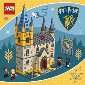 A colorful packaging for LEGO Harry Potter featuring iconic elements from the series including the Hogwarts crest. Detailed illustration with various LEGO pieces and characters. Dominant colors include shades of blue, yellow, and gray.