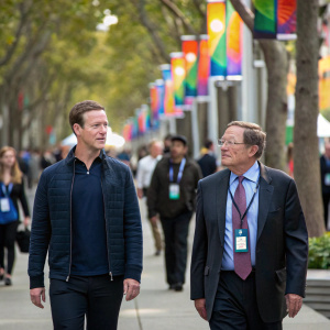 Mark Zuckerberg and Michael Ovitz at a tech conference. They are walking on a bustling street lined with trees and colorful banners. Other attendees are visible in the background.