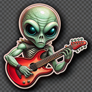 sticker of Alien with Gibson SG guitar,by Giger,no background