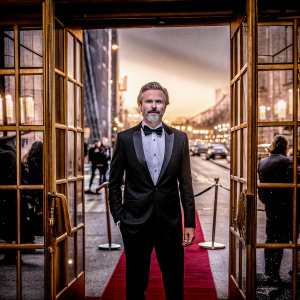 Sam Trammell, actor, in elegant black suit with bow tie. Poses confidently in front of bustling street at New York City Film Awards.