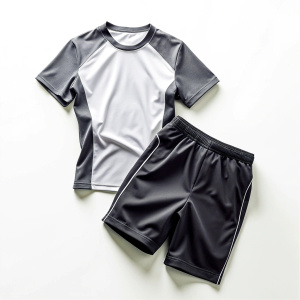 Neatly folded running uniform, T-shirt, shorts, black, white background