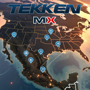 Interactive map from Tekken MX game. Features various locations and characters. Realistic depiction with blue highlights for key elements. Dark and hot atmosphere. Filled with detailed text and icons.
