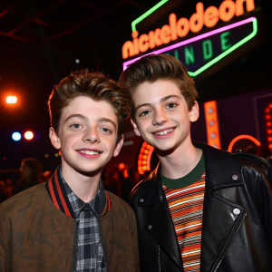 Thomas Barbusca and Griffin Gluck, two young actors, smile for cameras at Nickelodeon event. Bright neon lights and bold logos in background.