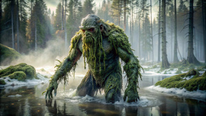 full-length swamp monster covered with algae comes out of the swamp, forest, lots of snow, evening