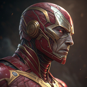Close-up of Ultron's metallic face. Vein-like patterns on red surface, gold accents. Dark background. Intense, serious look. High-definition digital image with detailed textures and lighting effects