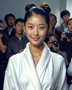 1girl, 20-year-old Korean actress Clara Lee Sung-min, with bun hair style, wearing a full white bathrobe, gallery show: 1.2, collarbone, looking at the audience, ((turbulent)), ((perfect body proportions)), ( Panorama: 1.3), beautiful and mature, wide-angle lens, grin, deep shadows, Emily Soto, <lora:DetailedEyes_xl_V2:1>, <lora:neg4all_bdsqlsz_xl_V7:1>, (super delicate oval face)), ((beautiful eyes with long eyelashes ,((real image quality)),((Leica RAW photo)),64k,((fidelity:1.2)), ((real fair
