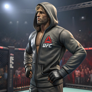 Statue of Urijah Faber, muscular build, detailed UFC logo hoodie, posing confidently. Battle arena background.